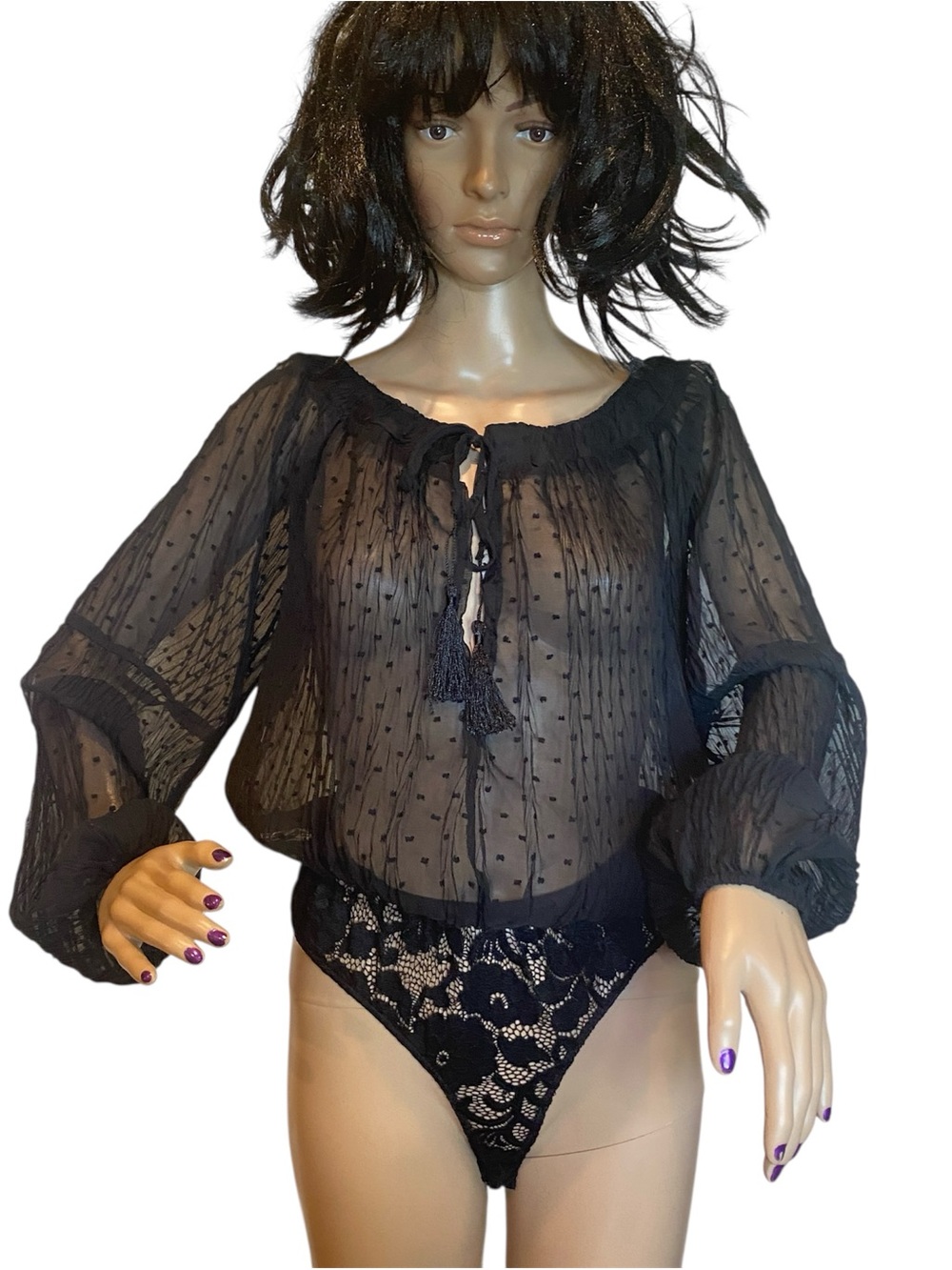 Lulus Brookdale Black Sheer Swiss Dot Long Sleeve Bodysuit Thong Size Small EUC